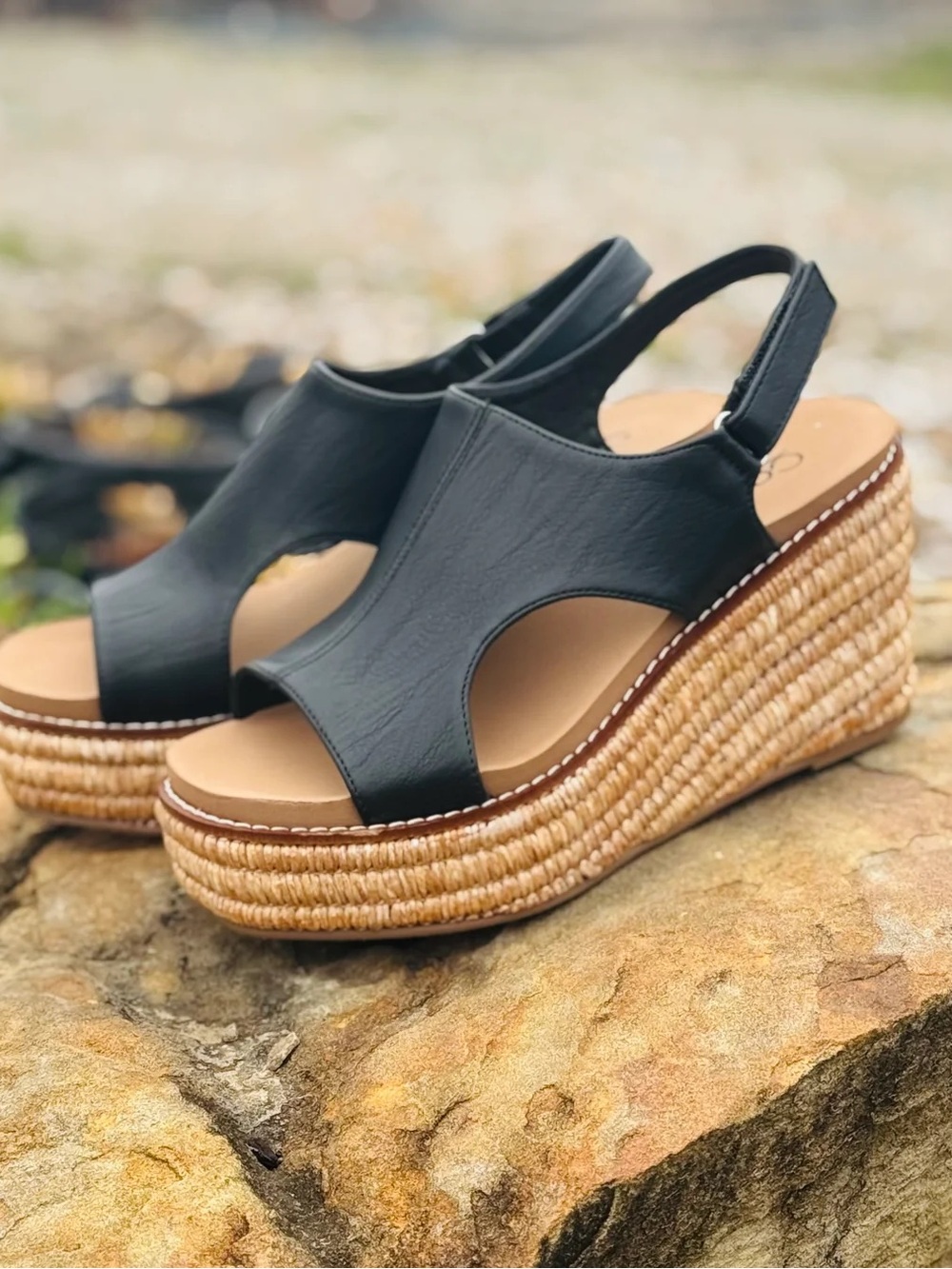 NIB Corkys Black Leather Slingback Wedge Sandals with Espadrille Platform - Picture 3 of 13